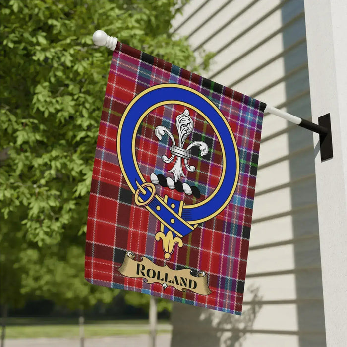 Rolland Family Crest on Tartan Background Flag