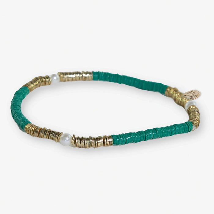 Rory Solid Color With Gold And Pearls Small Sequin Stretch Bracelet Kelly Green