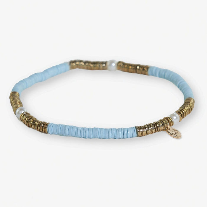 Rory Solid Color With Gold And Pearls Small Sequin Stretch Bracelet Light Blue