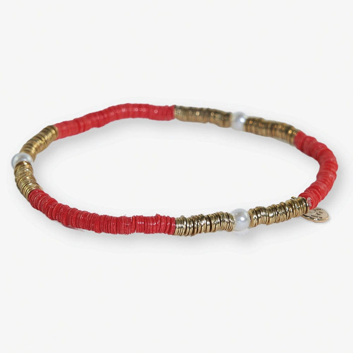 Rory Solid Color With Gold And Pearls Small Sequin Stretch Bracelet Red