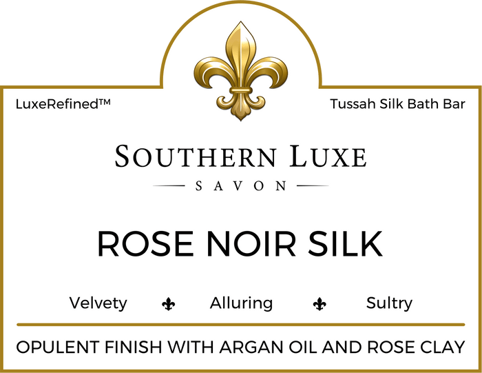 Rose Noir Silk 8.5 oz luxury natural bath bar label by Southern Luxe Savon with tussah silk and oud floral fragrance