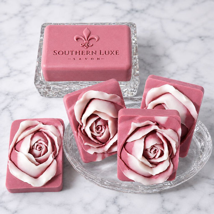 Rose Noir Silk luxury bath bar and rose-shaped guest soaps handcrafted with tussah silk and rose clay by Southern Luxe Savon