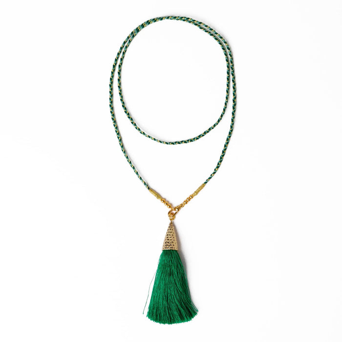 Roxanne Braided Necklace With Tassel Mint + Green Single Strand