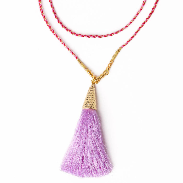 Roxanne Braided Necklace With Tassel Red + Pink Single Strand