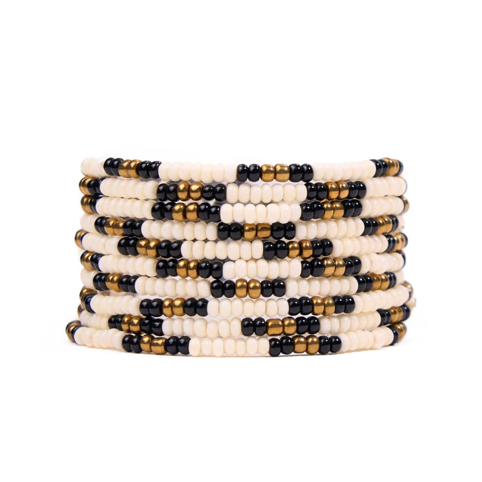 Sage Beaded 10 Strand Stretch Bracelets Gold, Black, + Ivory Stack