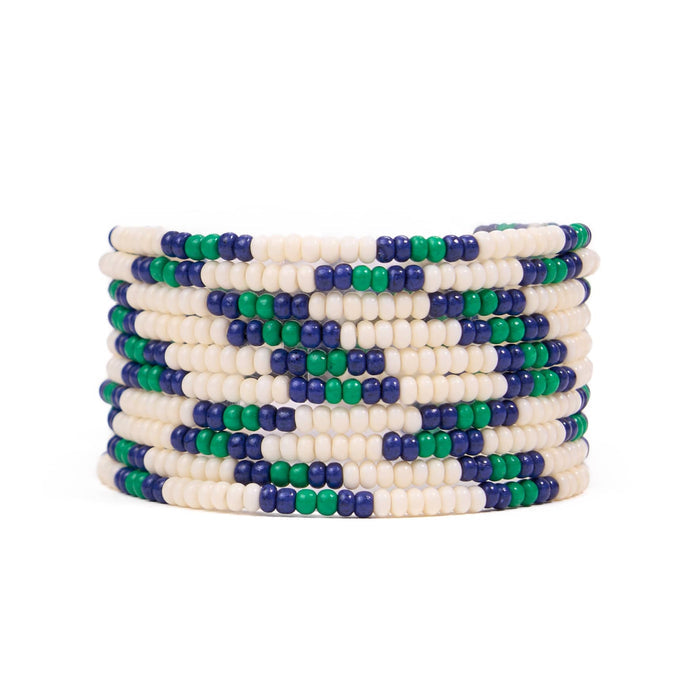 Sage Beaded 10 Strand Stretch Bracelets Ivory, Navy, + Kelly Green Stack