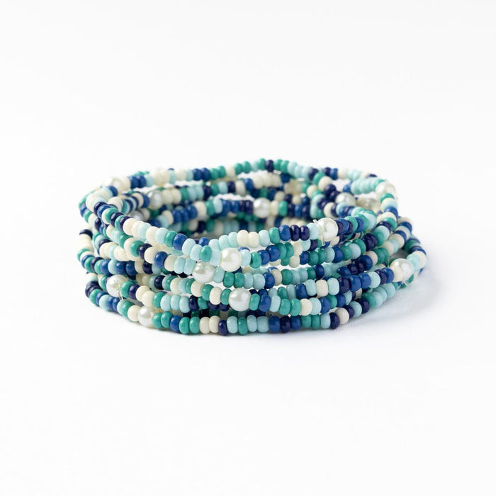 Sage Confetti Beaded 10 Strand Stretch Bracelets Blue Stack