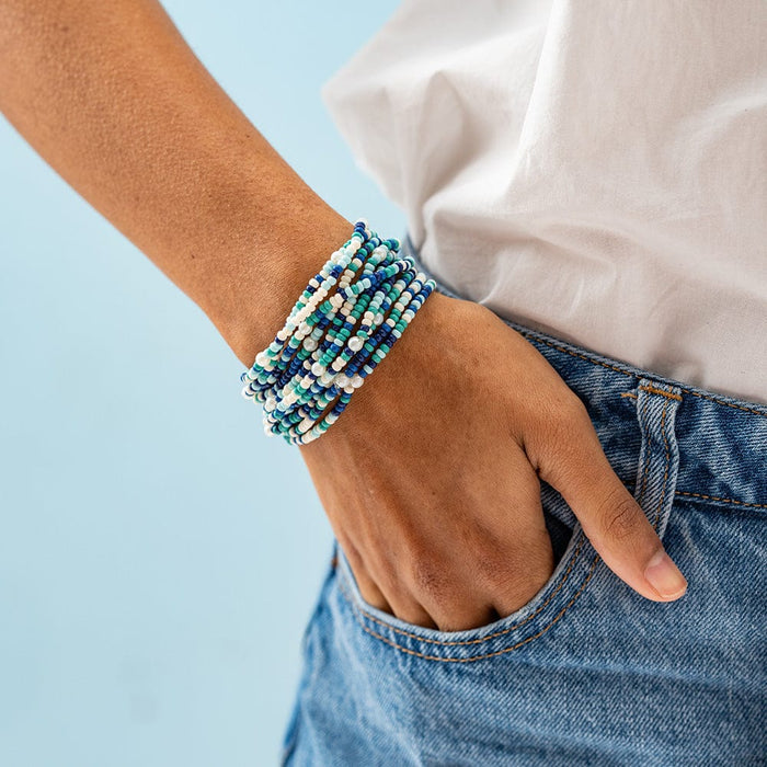 Sage Confetti Beaded 10 Strand Stretch Bracelets Blue Stack