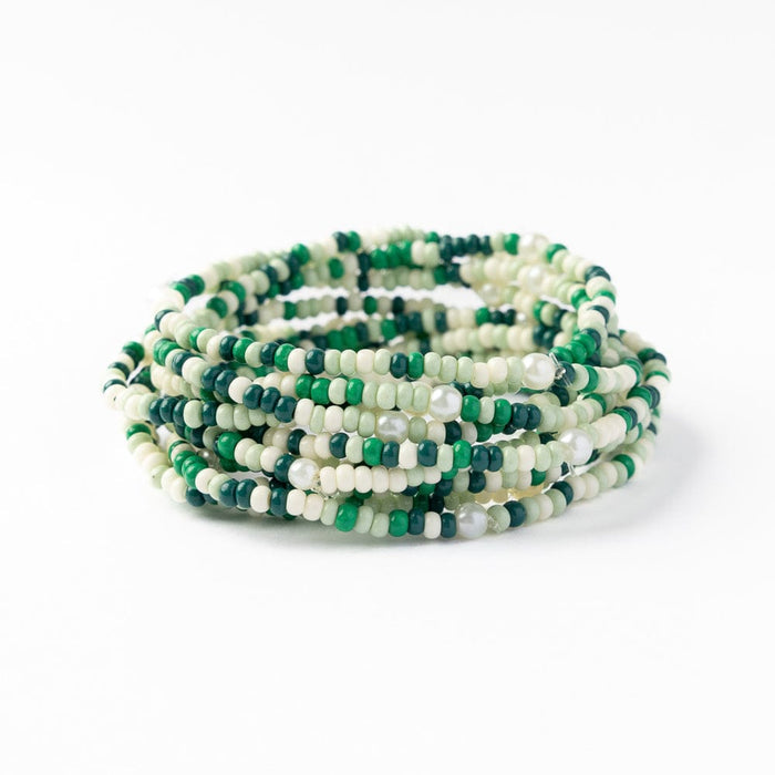 Sage Confetti Beaded 10 Strand Stretch Bracelets Green Stack