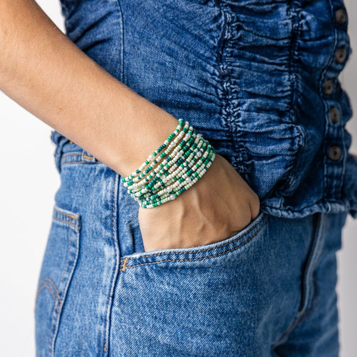 Sage Confetti Beaded 10 Strand Stretch Bracelets Green Stack