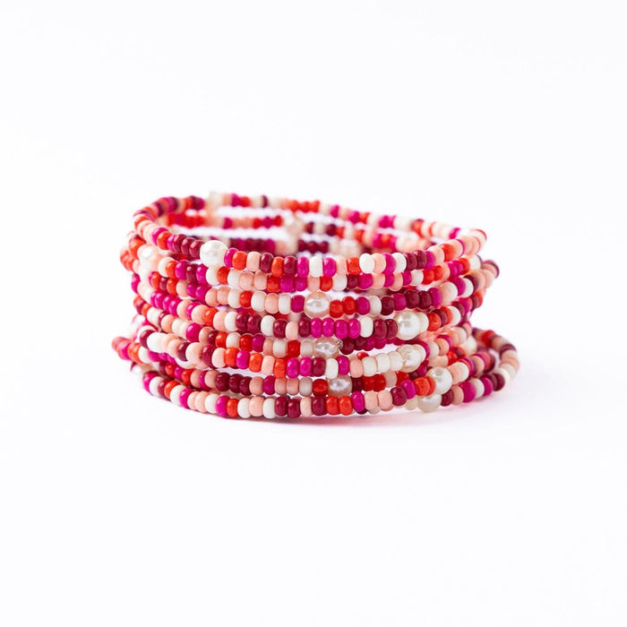 Sage Confetti Beaded 10-Strand Stretch Bracelets Pink Stack