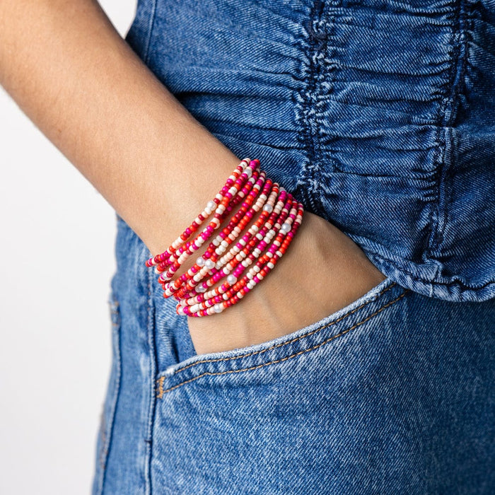 Sage Confetti Beaded 10-Strand Stretch Bracelets Pink Stack