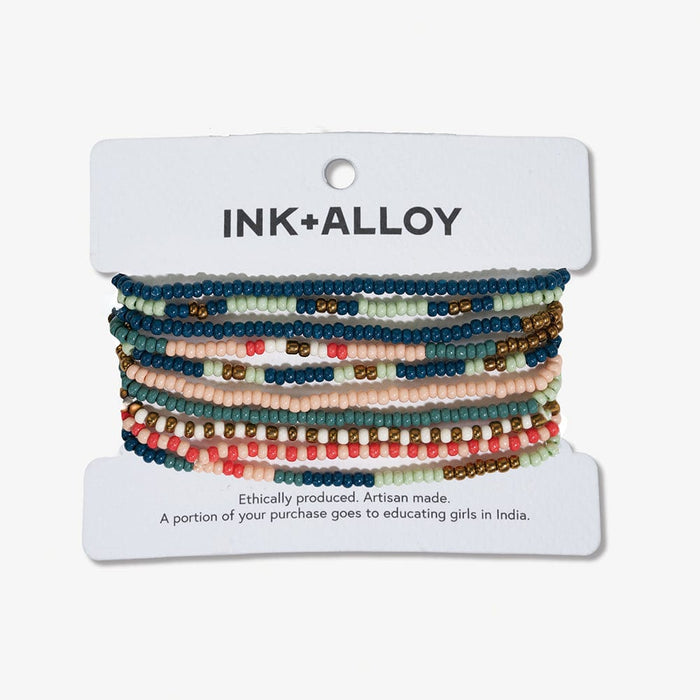 Sage Mixed Stripe Beaded 10 Strand Stretch Bracelet Set Teal + Poppy STRETCH SET