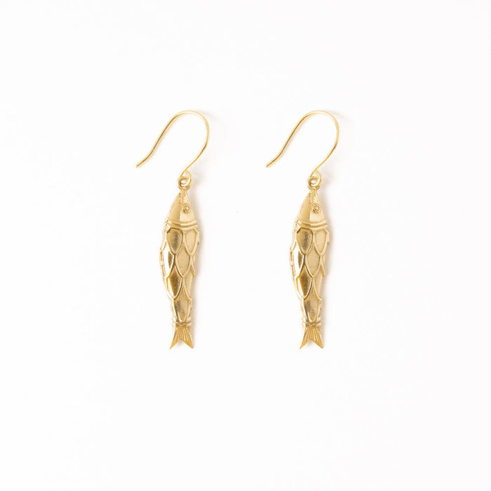Sally Fish Dimensional Dangle Earrings Brass Drop