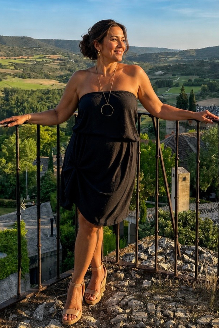 Diane Kroe Satin Skirt Dress in black satin as a strapless midi dress