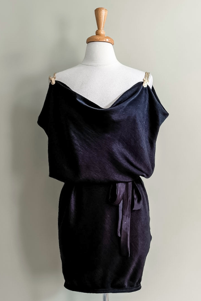 Diane Kroe Satin Skirt Dress in black satin styled as an elegant short dress