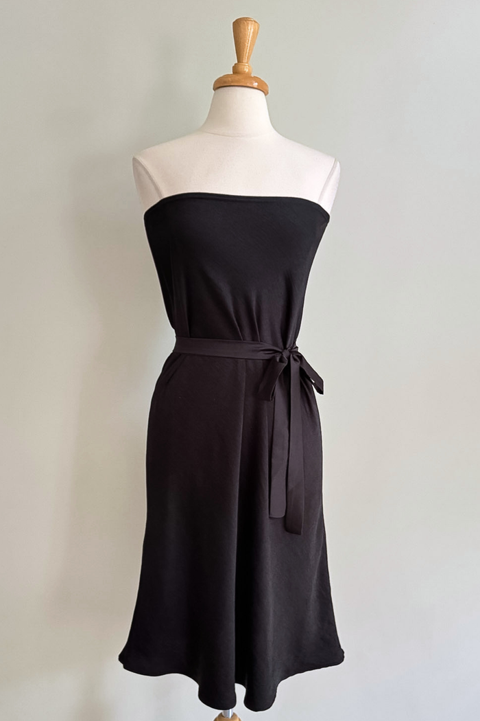 Diane Kroe Satin Skirt Dress in reversed in black and styled as an elegant short dress