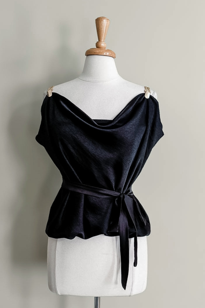 Diane Kroe Satin Skirt Dress in black satin styled as an elegant blouse with a versatile multi-way design