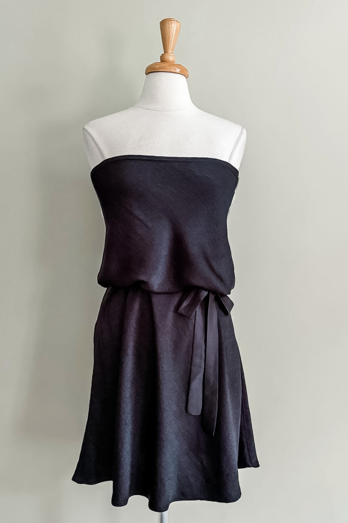 Diane Kroe Satin Skirt Dress in black satin as a strapless short dress