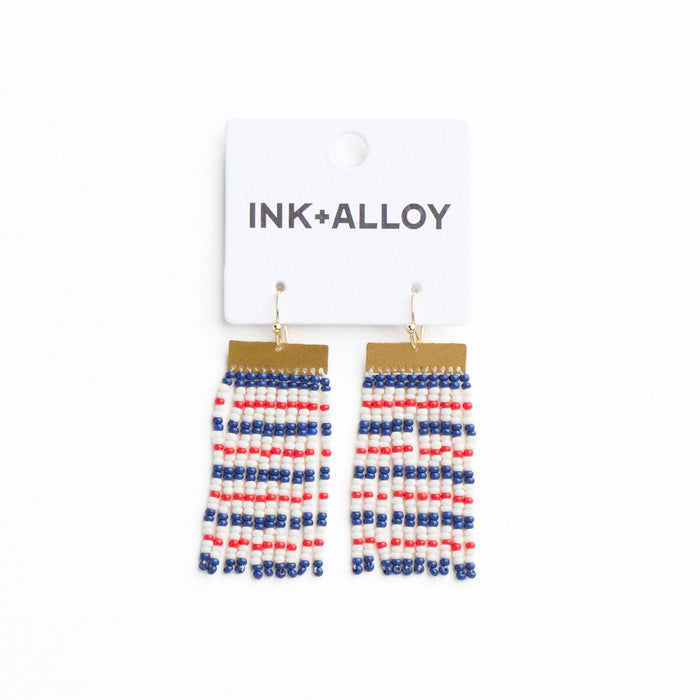 Scout Rectangle Hanger Mixed Horizontal Stripes Beaded Fringe Earrings Red + Navy Fringe