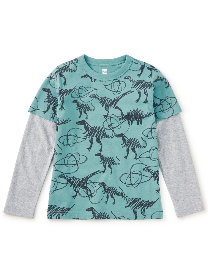 Scribbled Dinosaur Layered Sleeve Tee