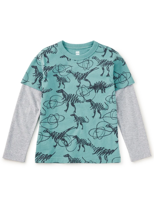Scribbled Dinosaur Layered Sleeve Tee