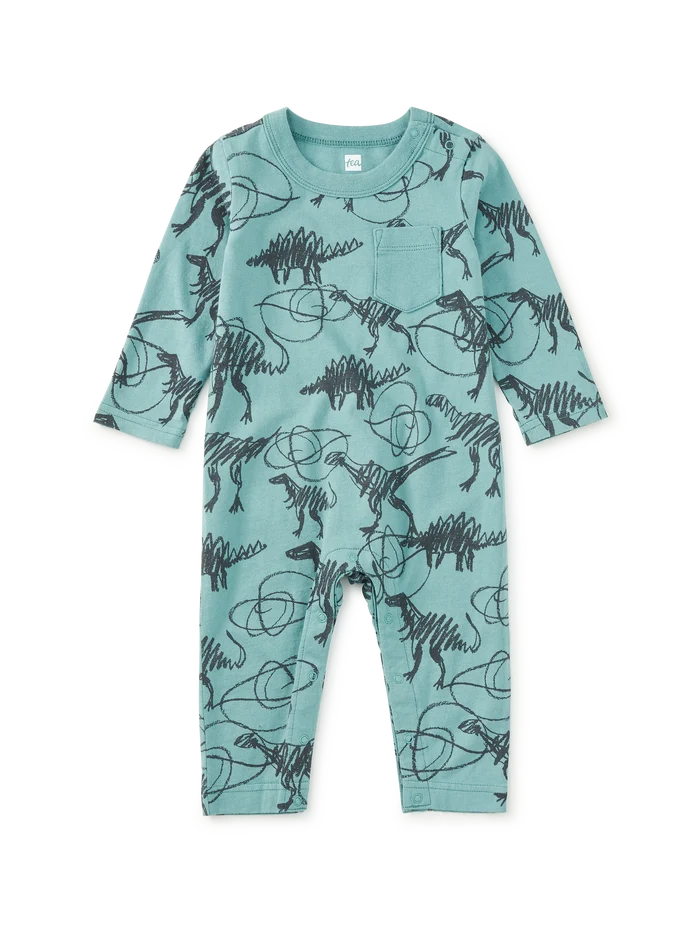 Scribbled Dinosaur Long Sleeve Pocket Romper