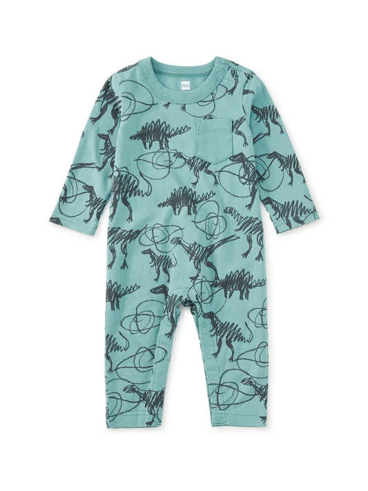 Scribbled Dinosaur Long Sleeve Pocket Romper
