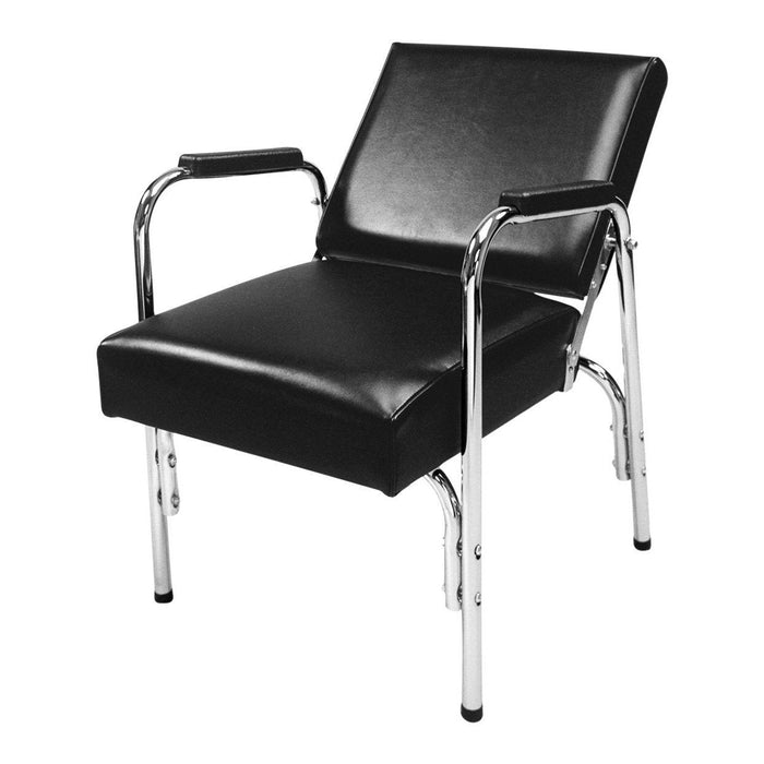 Pibbs Black Shampoo Chair with metal armrests—stylish comfort for modern salons.