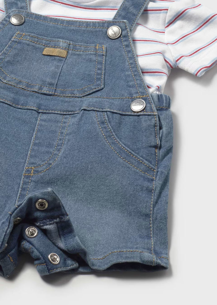 Short Denim Overalls & Red Blue Striped Tee