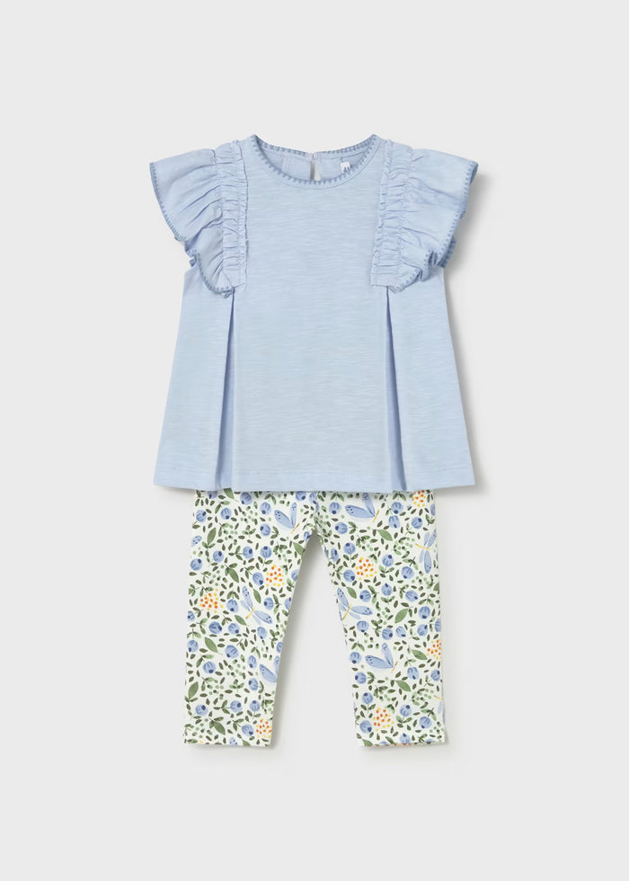 Sky Blue Ruffle Pleat Tee & Floral Butterfly Leggings