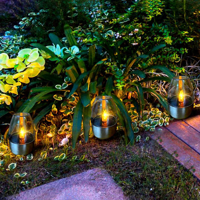 Solar Powered Stainless Steel Flickering LED Candle Light - Waterproof Outdoor Table Decor