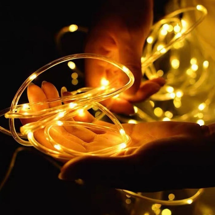 Solar Powered Warm White LED Rope String Light - Weatherproof Yard Garden Patio Backyard Outdoor Holiday Party Decor Lighting
