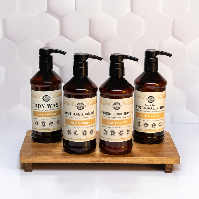 Rustic Strength, Milk & Honey scented Spa Set with a Body Wash, Shampoo, Coconut Conditioner and Avocado Lotion