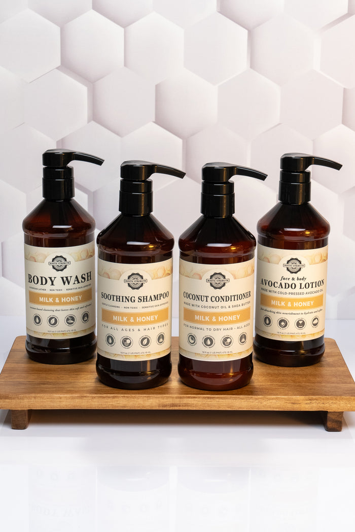 Rustic Strength, Milk & Honey scented Spa Set with a Body Wash, Shampoo, Coconut Conditioner and Avocado Lotion