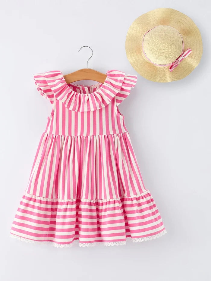 Spring  Pink Striped Ruffled Girls' Dress with Hat