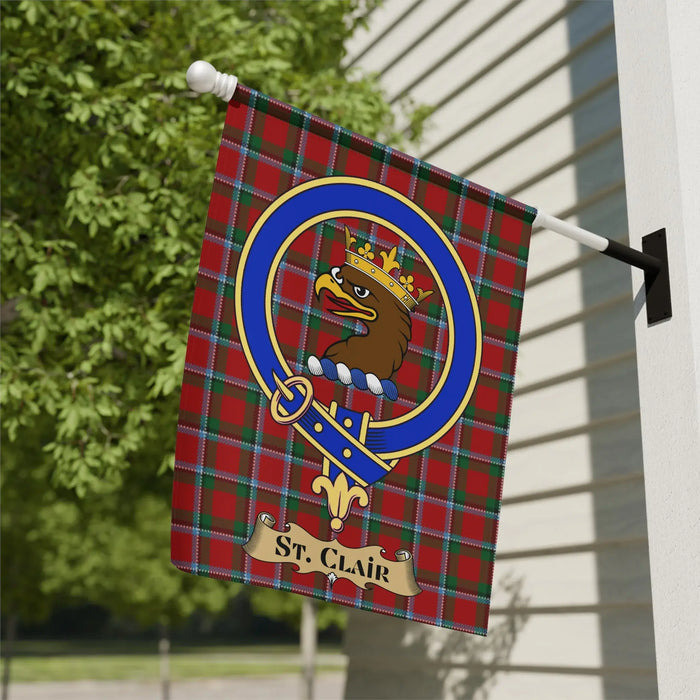 St. Clair Family Crest flag displayed beside a porch