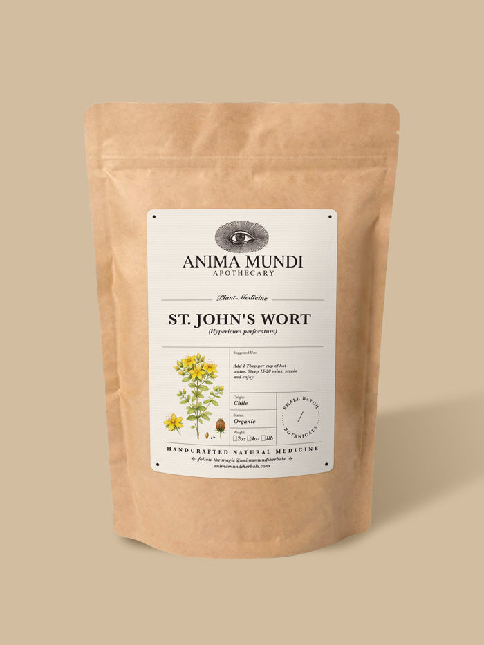 A kraft paper stand-up pouch of Anima Mundi Apothecary St. John's Wort herbal medicine, shown against a solid beige background.