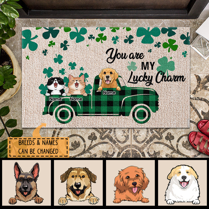 St. Patrick's Day Personalized Doormat, Gifts For Pet Lovers, Dog & Cat In Buffalo Plaid Truck Outdoor Door Mat