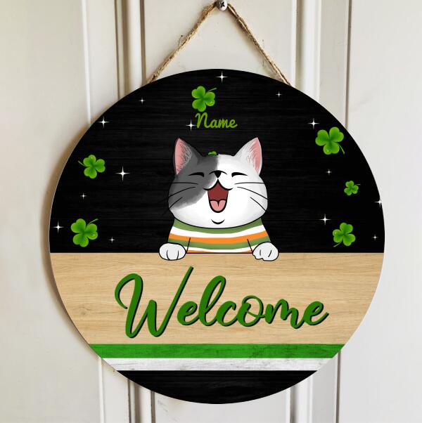 St. Patrick's Day Personalized Wood Sign, Gifts For Cat Lovers, Shamrock Welcome Signs , Cat Mom Gifts