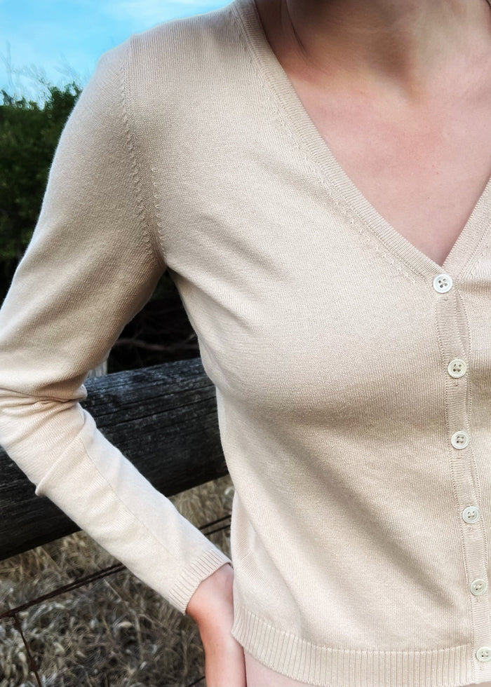 Sonya Hopkins 100% pure Italian mercerised cotton V cardigan in light beige