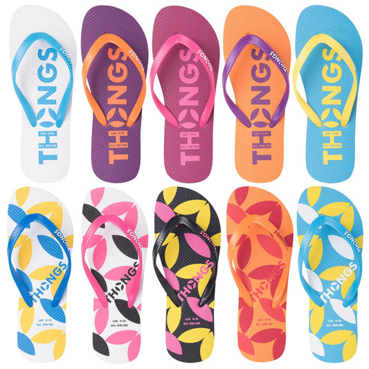 Thongs Ladies Flip Flops Sandals A collection of ten colorful flip flops arranged in two rows showcases various designs and colors with prominent branding and size labels visible on each sandal in a playful beach-themed context.