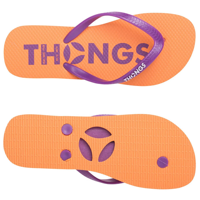 A pair of flip-flops features an orange cushioned sole with a textured pattern and purple straps. The word "THONGS" is prominently displayed on the top.