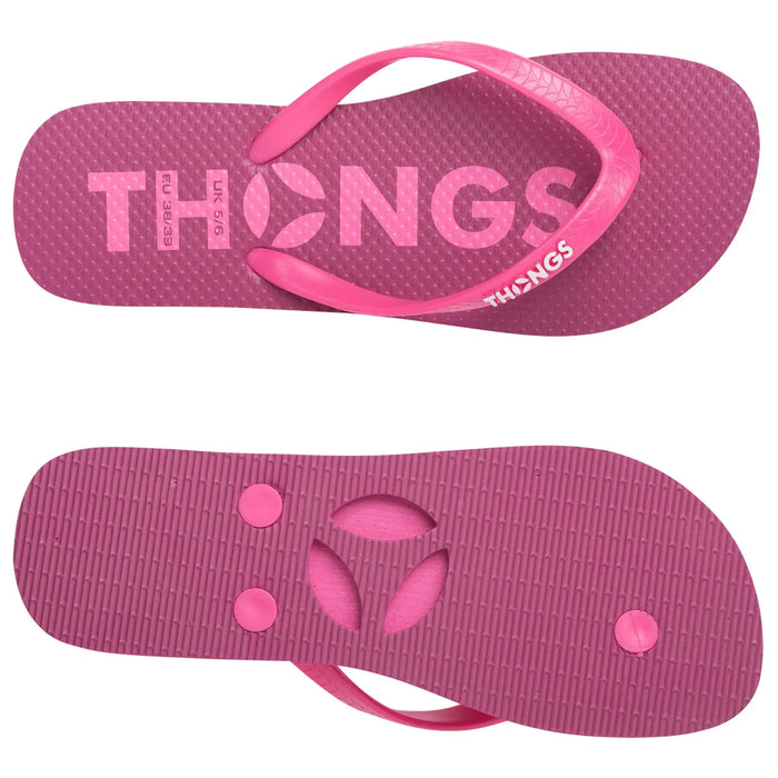 A pair of pink flip-flops are displayed showing the sole and straps with the word THONGS prominently printed on the footbed in a textured design suitable for casual wear.