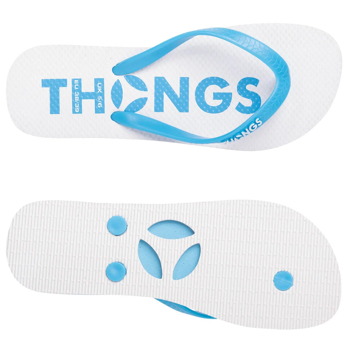 A pair of blue and white flip-flops lies flat with the word "THONGS" prominently displayed on the top surface and textured patterns on the bottom for grip.