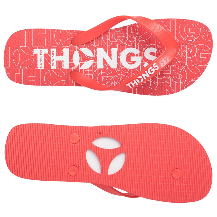 Red flip-flops feature a patterned footbed with the word "THONGS" prominently displayed. The straps are also red and the soles are textured for grip.