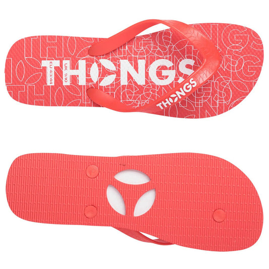 Red flip-flops feature a patterned footbed with the word "THONGS" prominently displayed. The straps are also red and the soles are textured for grip.