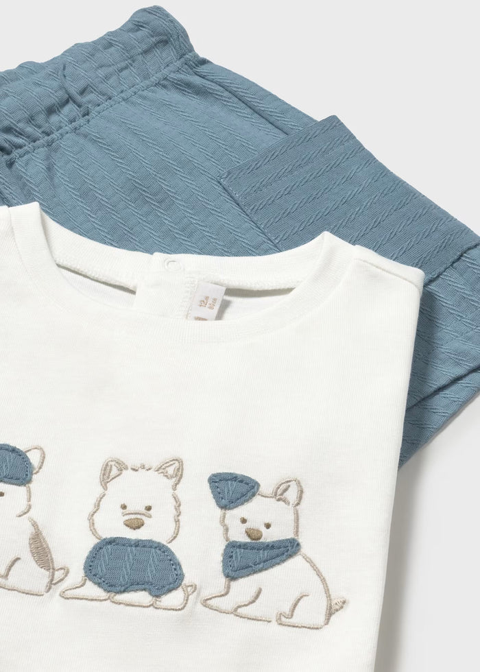 Three Pups White Tee & Blue Shorts