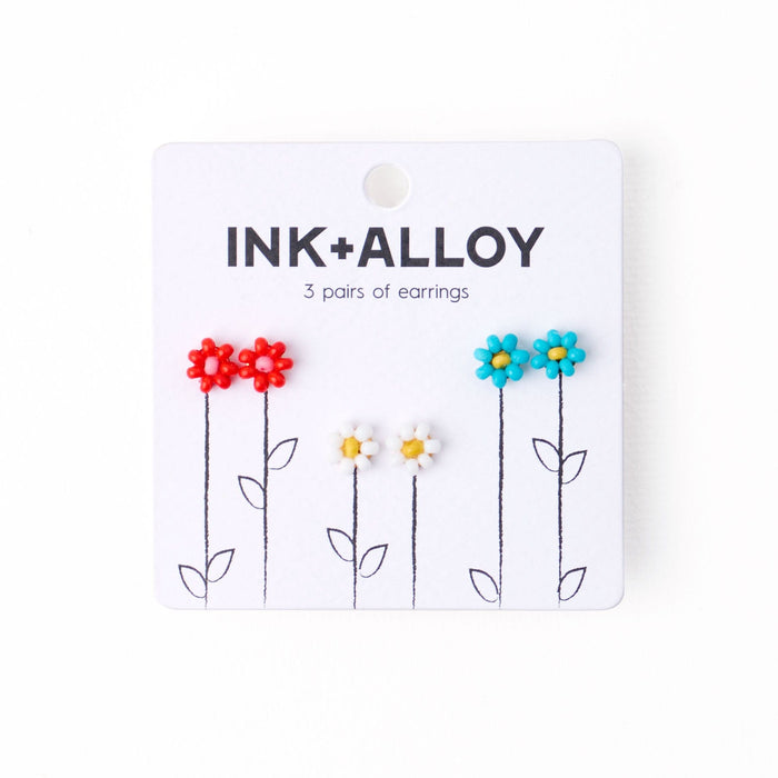 Tina Flower Earrings Trio Set Aqua, Tomato + White Stud