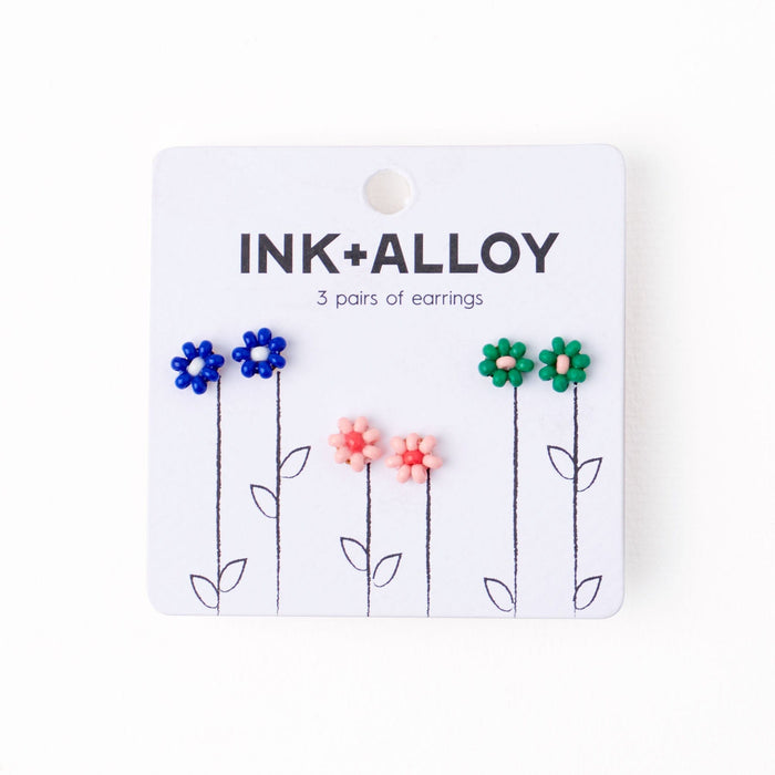 Tina Flower Earrings Trio Set Lapis, Pink + Kelly Green Stud